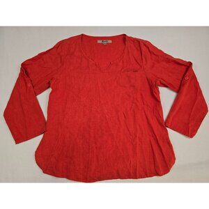 Flax Womens Red 100% Linen 3/4 Sleeve Button Tab Tunic Blouse Medium